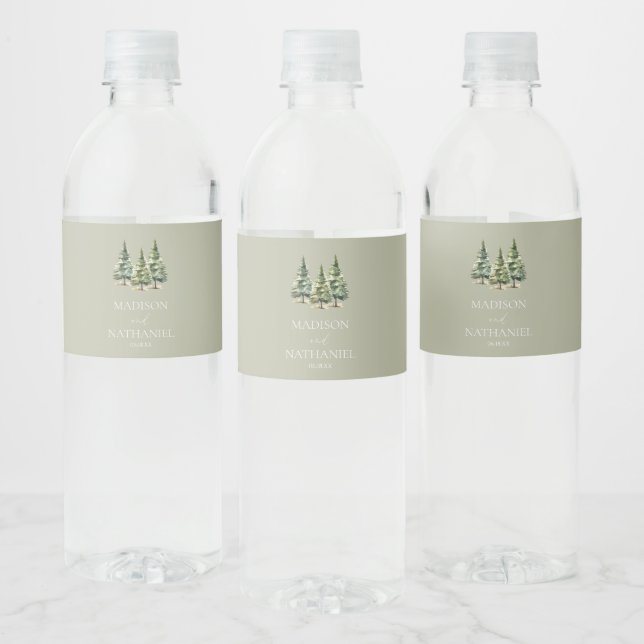 Minimalist Winter Snowy Pine Tree Forest Wedding Water Bottle Label (Bottles)