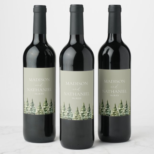 Minimalist Winter Snowy Pine Tree Forest Wedding Wine Label (Bottles)