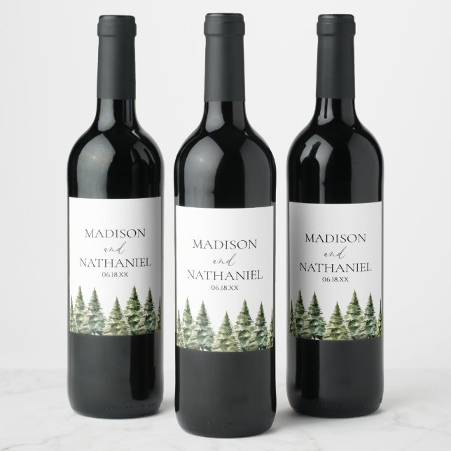 Minimalist Winter Snowy Pine Tree Forest Wedding Wine Label (Bottles)