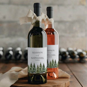 Minimalist Winter Snowy Pine Tree Forest Wedding Wine Label