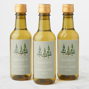 Minimalist Winter Snowy Pine Tree Forest Wedding Wine Label