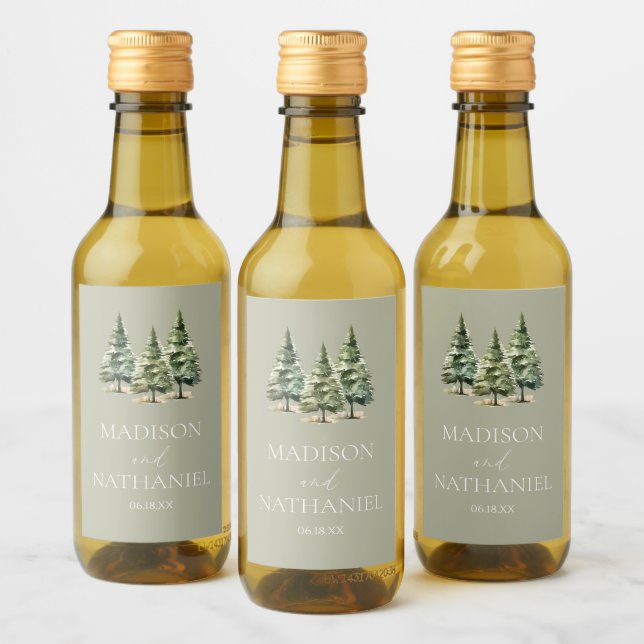 Minimalist Winter Snowy Pine Tree Forest Wedding Wine Label (Bottles)