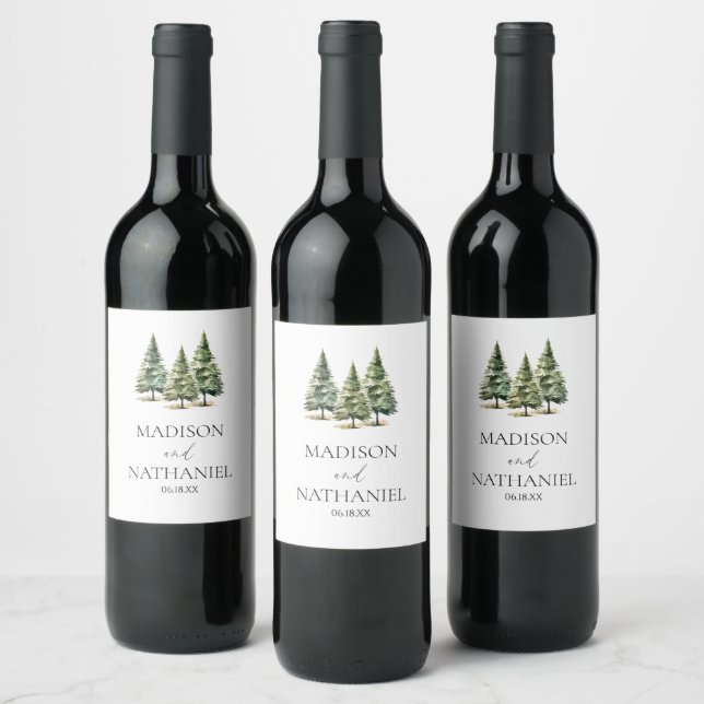 Minimalist Winter Snowy Pine Tree Forest Wedding Wine Label (Bottles)