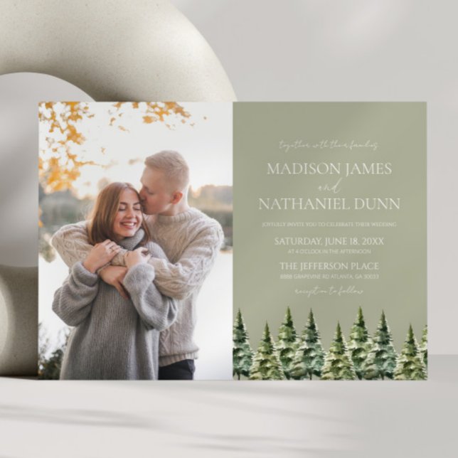 Minimalist Winter Snowy Pine Trees Picture Wedding Invitation (Creator Uploaded)