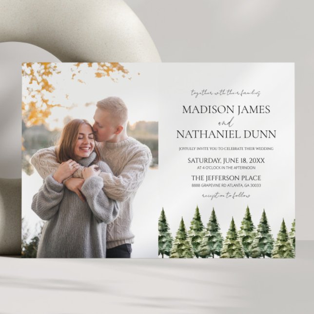 Minimalist Winter Snowy Pine Trees Picture Wedding Invitation (Creator Uploaded)