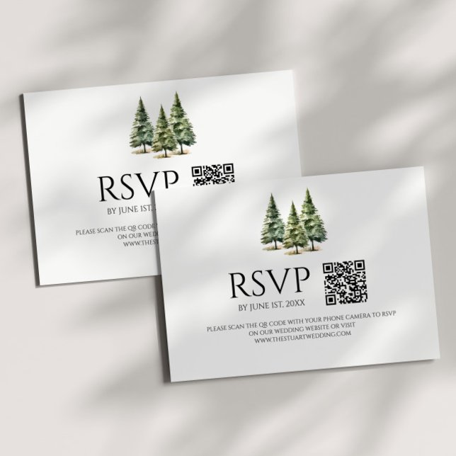 Minimalist Winter Snowy Pine Trees QR Code Wedding RSVP Card (Creator Uploaded)