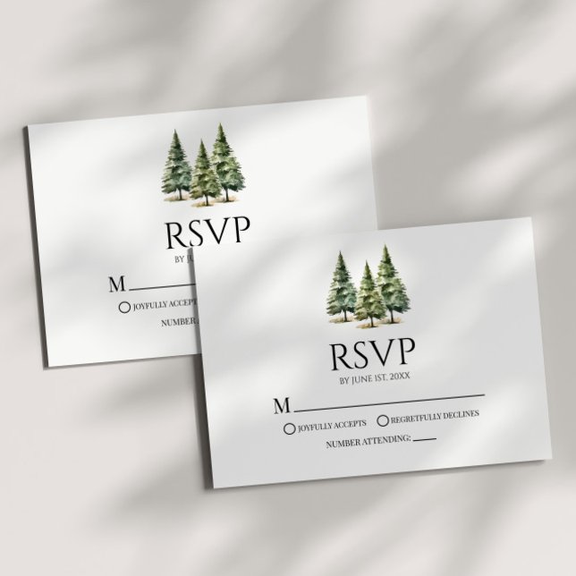 Minimalist Winter Snowy Pine Trees Wedding RSVP Card (Creator Uploaded)