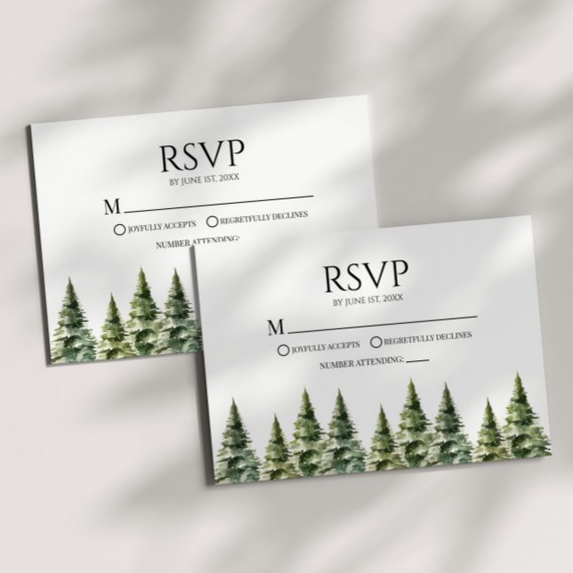 Minimalist Winter Snowy Pine Trees Wedding RSVP Card (Creator Uploaded)