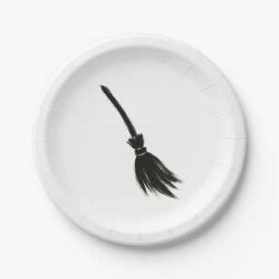 Minimalist Witch Broom – Ink Brush Design on  Paper Plate