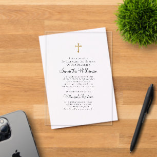 Minimalist with Faux Gold Cross Baptismal Acrylic Invitations