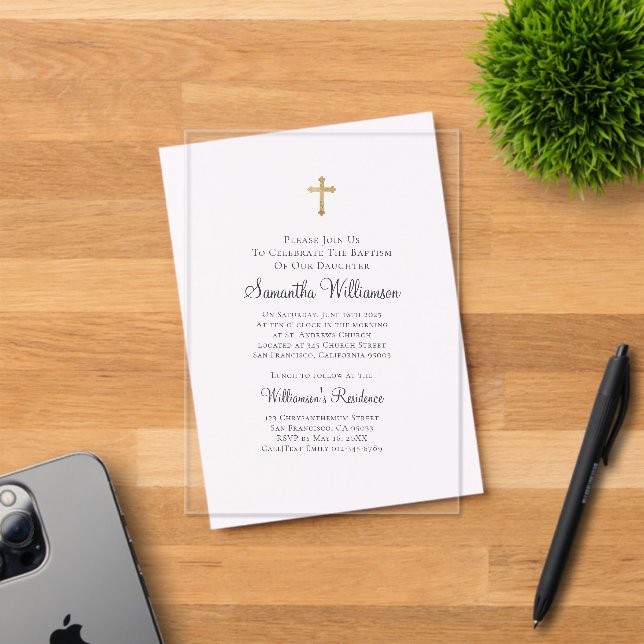Minimalist with Faux Gold Cross Baptismal Acrylic Invitations (Insitu (Invitation Card))