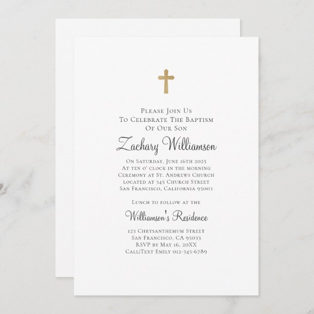 Minimalist with Faux Gold Cross Baptismal Invitation (Front/Back)