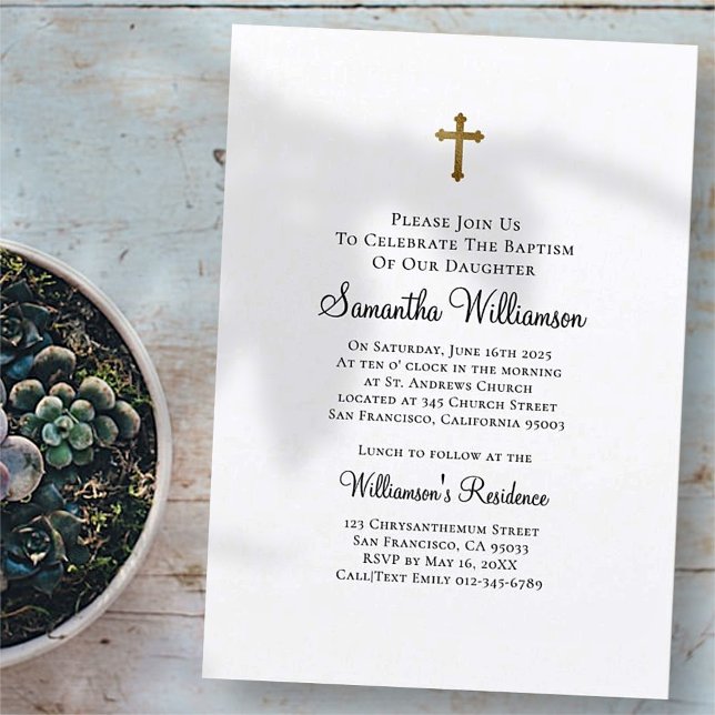 Minimalist with Faux Gold Cross Baptismal Invitation (Creator Uploaded)