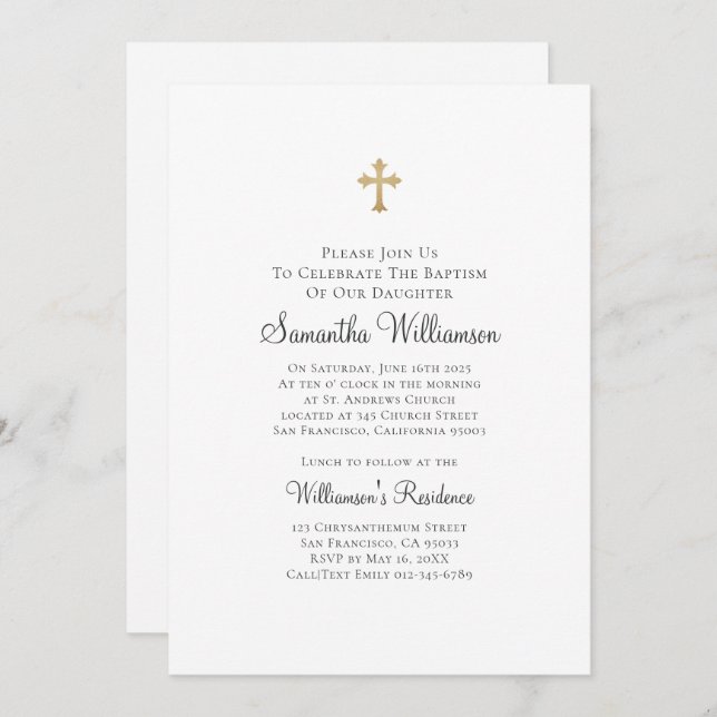 Minimalist with Faux Gold Cross Baptismal Invitation (Front/Back)