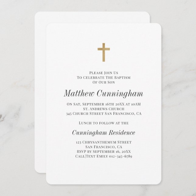 Minimalist with Faux Gold Cross Boy Baptismal Invitation (Front/Back)