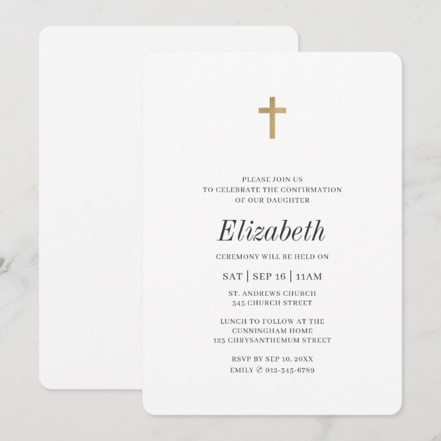 Minimalist with Faux Gold Cross Girl Confirmation Invitation (Front/Back)