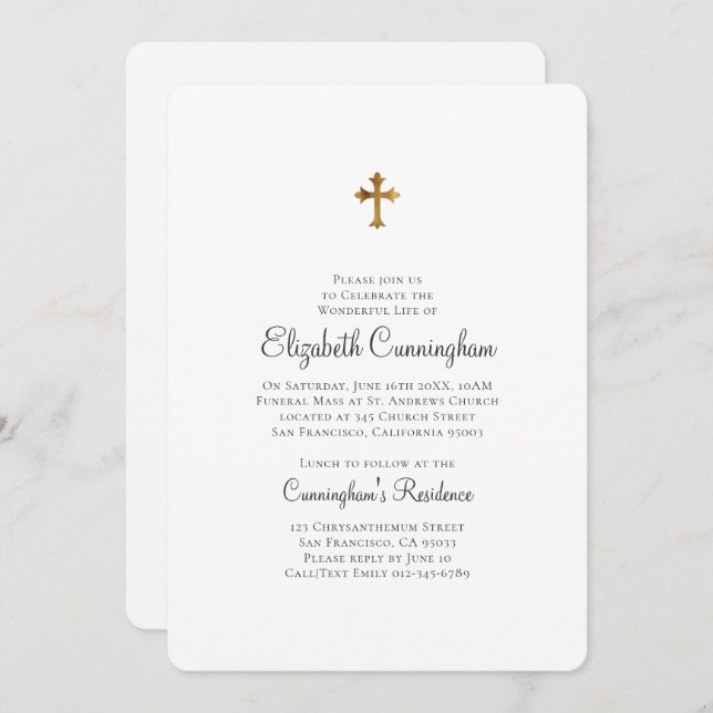 Minimalist with Faux Gold Cross Memorial Funeral Invitation (Front/Back)