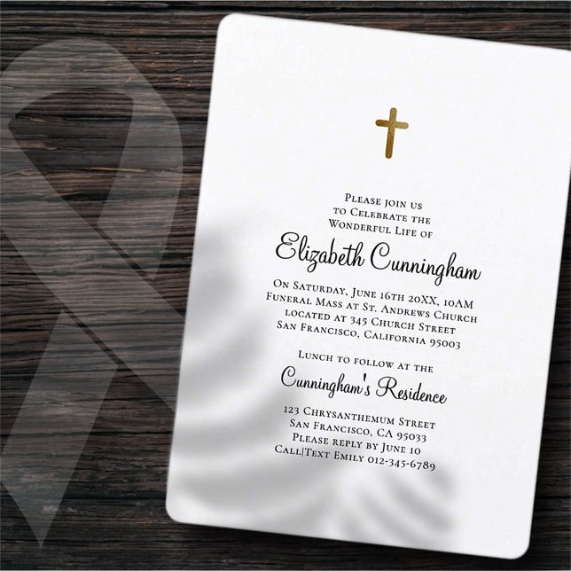 Minimalist with Faux Gold Cross Memorial Funeral Invitation (Creator Uploaded)