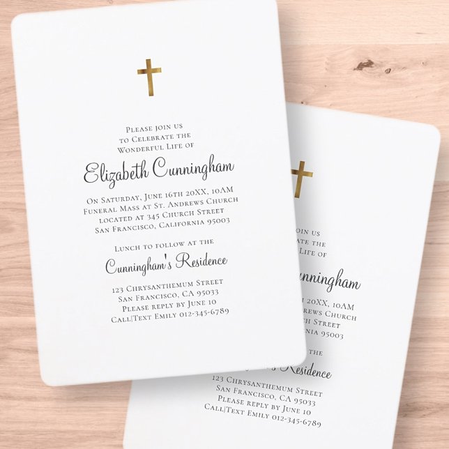 Minimalist with Faux Gold Cross Memorial Funeral Invitation (Creator Uploaded)