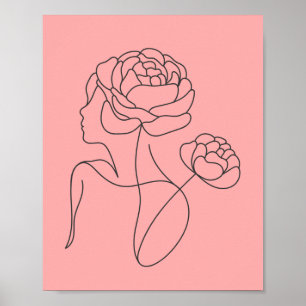 Minimalist Woman and Peony Flower Line Art Poster