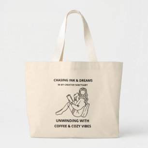 MINIMALIST WOMAN READING & COFFEE LINE ART POSTER  LARGE TOTE BAG
