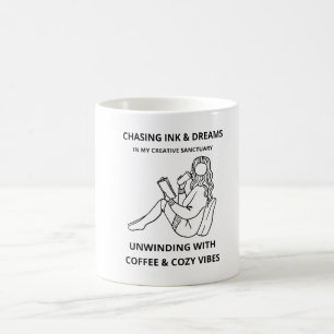 MINIMALIST WOMAN READING & COFFEE LINE ART POSTER  MUG