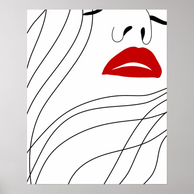 Minimalist Woman With Red Lips Line Art Poster (Front)