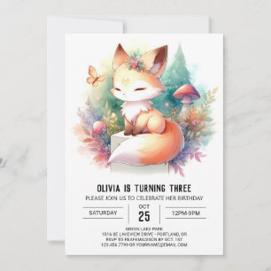 Minimalist Woodland Fox Birthday digital Invitation