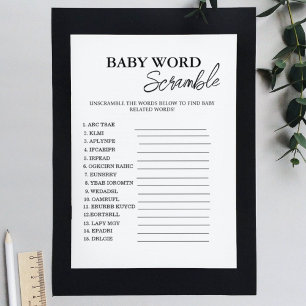 Minimalist word scramble baby shower game card