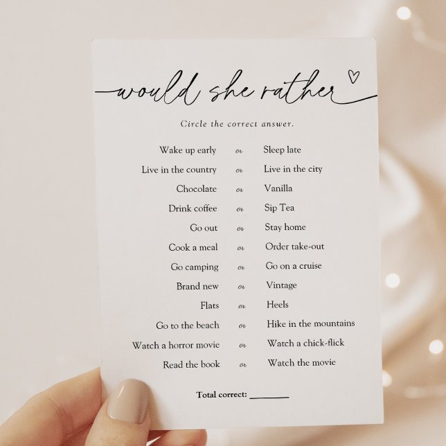 Minimalist Would She Rather Bridal Game Card (Creator Uploaded)