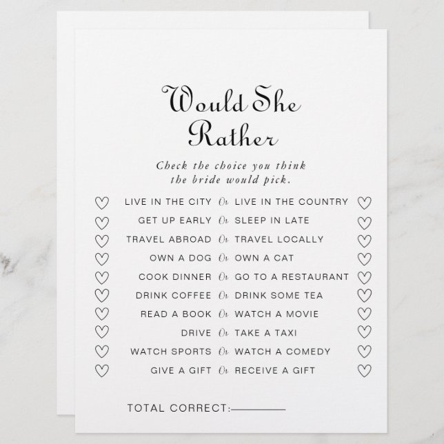 Minimalist Would She Rather Bridal Shower Game (Front/Back)