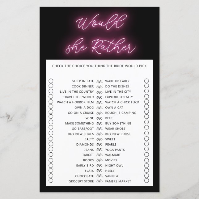 Minimalist would she rather bridal shower game (Front)