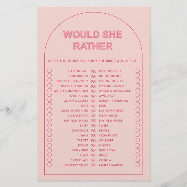 Minimalist would she rather bridal shower game flyer (Front)
