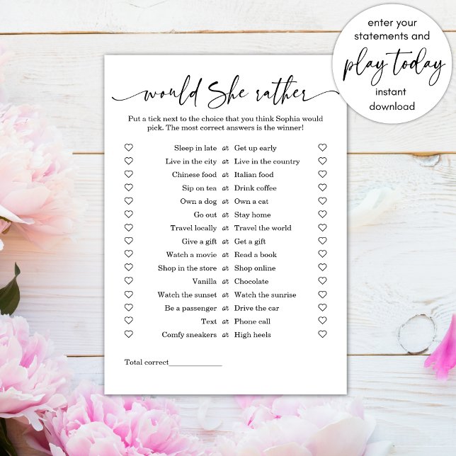 Minimalist Would She Rather Bridal Shower Game Invitation (Creator Uploaded)
