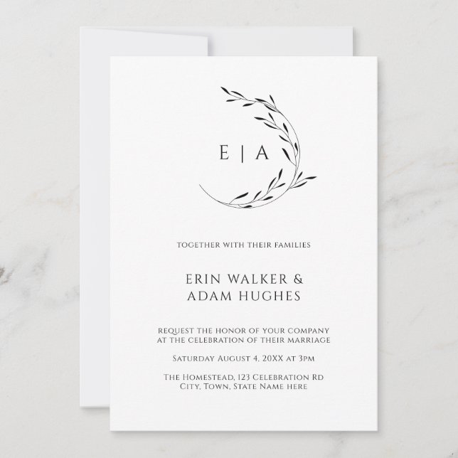 Minimalist Wreath Monogram Simple Black Wedding Invitation (Front)