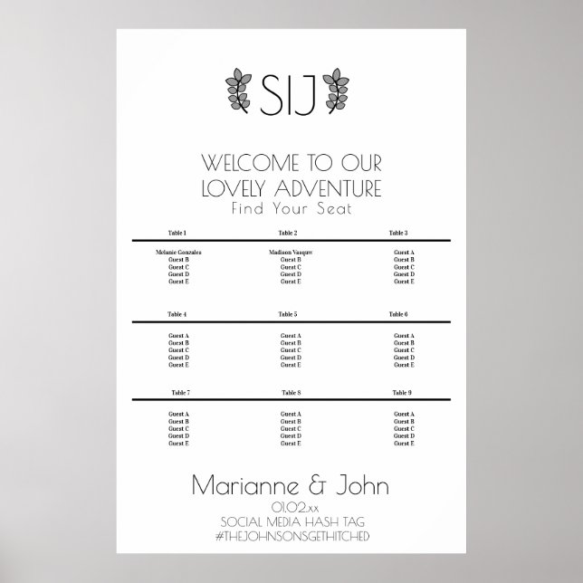 Minimalist Wreath Orna Wedding Logo Seating Chart (Front)