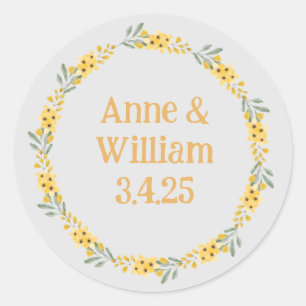 Minimalist Yellow and Gray Floral Wreath Classic Round Sticker