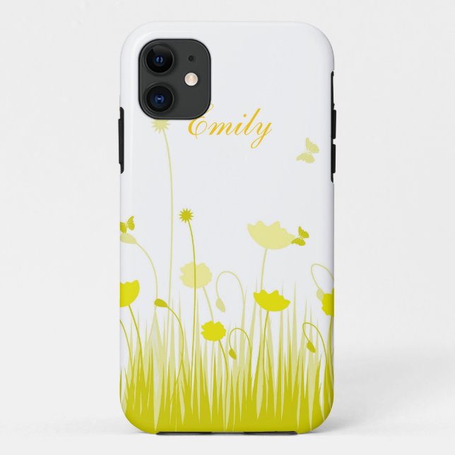 Minimalist Yellow and White Poppies Meadow Name Case-Mate iPhone Case (Back)