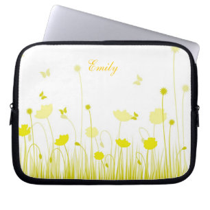Minimalist Yellow and White Poppies Meadow Name Laptop Sleeve