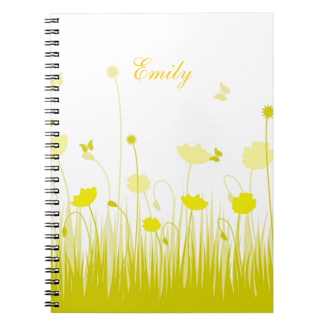 Minimalist Yellow and White Poppies Meadow Name Notebook (Front)