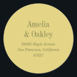Minimalist Yellow Elegant Wedding Return Address Classic Round Sticker<br><div class="desc">This round wedding sticker features a soft yellow background with classic serif typography displaying the couple’s names and address. Designed to add a polished, cohesive touch to envelopes, favors, thank you notes, and wedding mailings. The soft yellow tone feels cheerful yet refined, pairing beautifully with modern and classic wedding palettes....</div>