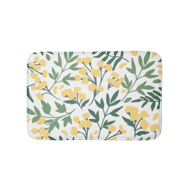 Minimalist yellow flowers and leafs bath mat (Front)