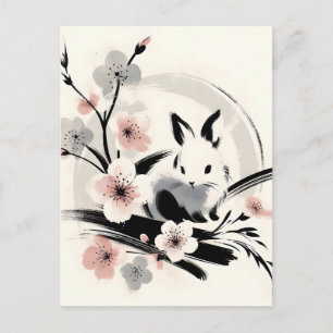 Minimalist Zen Ink Bunny Cherry Blossoms Holiday Postcard