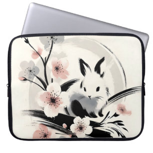 Minimalist Zen Ink Bunny Cherry Blossoms Laptop Sleeve