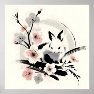 Minimalist Zen Ink Bunny Cherry Blossoms Poster