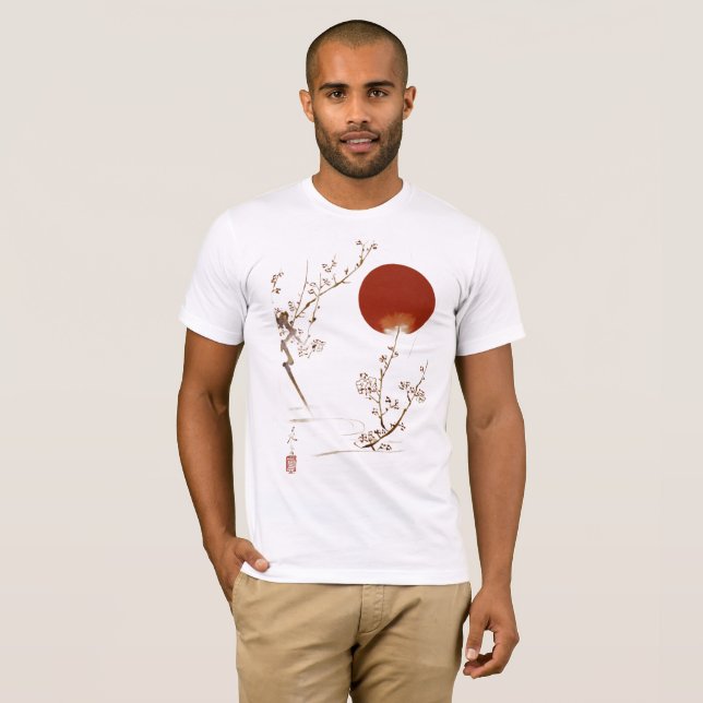 Minimalist Zen Japanese Sun and Plum Branch Design T-Shirt (Front Full)