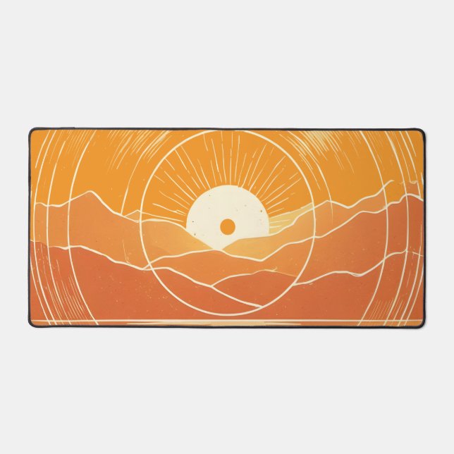 Minimalist Zen Mountain Ocean Retro Sunset Desk Mat (Front)