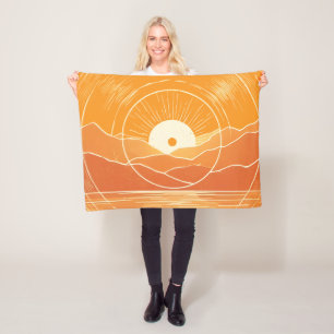 Minimalist Zen Mountain Ocean Retro Sunset Fleece Blanket