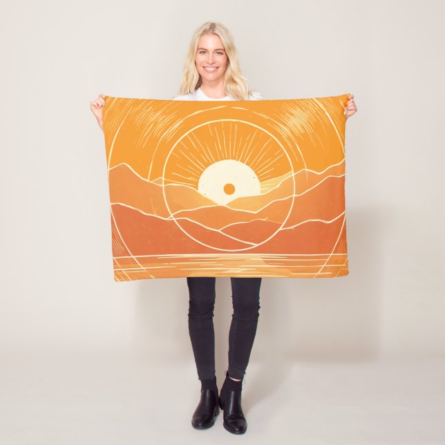 Minimalist Zen Mountain Ocean Retro Sunset Fleece Blanket (In Situ)