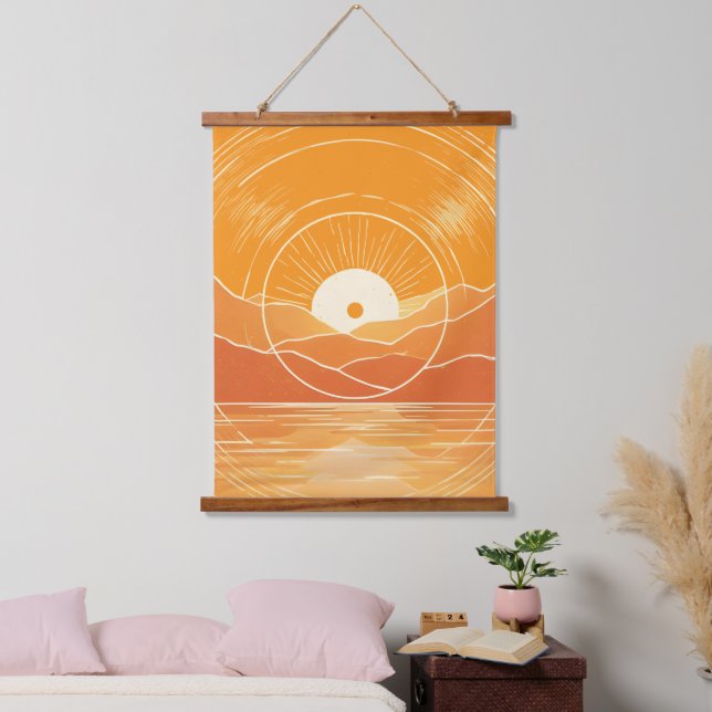 Minimalist Zen Mountain Ocean Retro Sunset Hanging Tapestry (Bedroom)
